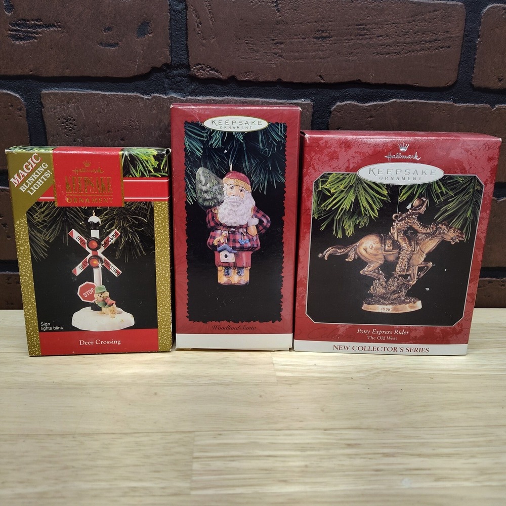Hallmark keepsake ornaments lot Deer Crossing,Woodland Santa,Pony Express Rider